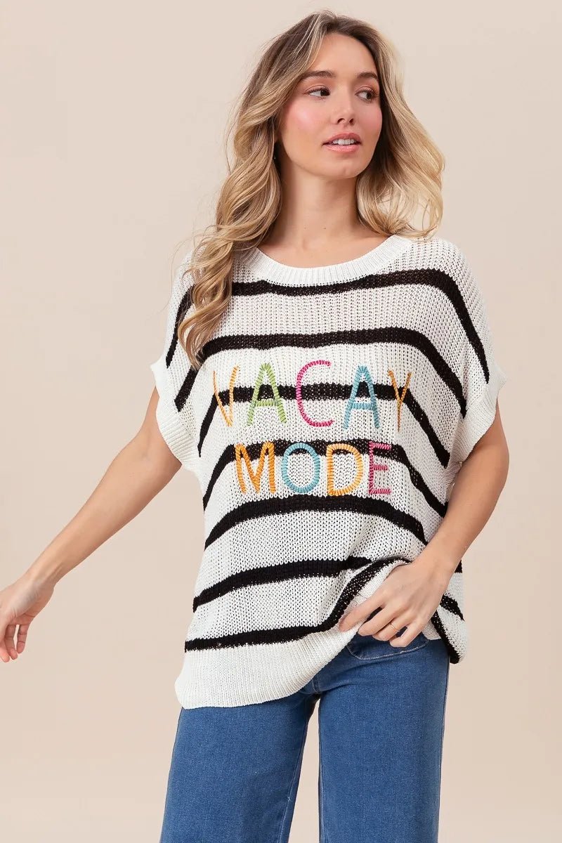 BiBi Vacay Mode Lettering Drop Shoulder Striped Sweater - Bela Fils BoutiqueBela Fils Boutique